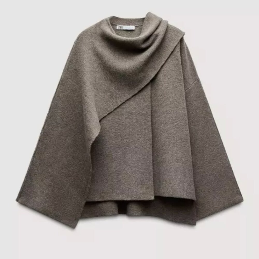 NWT ZARA BROWN TAUPE CAPE JACKET COAT WITH SCARF SZ L